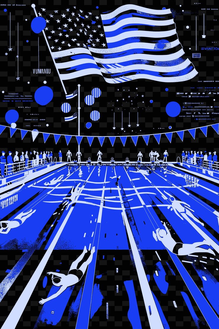 PSD corrida de natação com pessoas nadando e vendo um grande amer designs de ideias de ilustração criativa