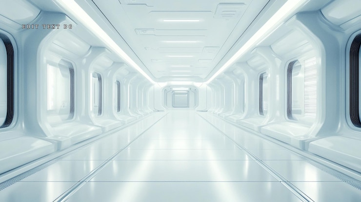 PSD corridoio bianco futuristico di navicelle spaziali con luci brillanti e finestre