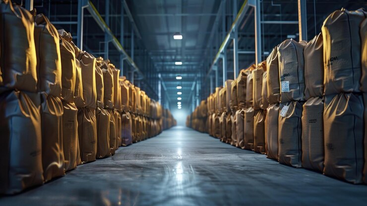 PSD corridoio di magazzino industriale con merci impilate