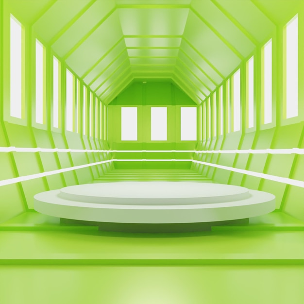 Corridoio moderno 3d Render podio bianco su sfondo verde