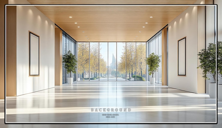 PSD corridor de bureau moderne avec de grandes fenêtres et un plafond en bois