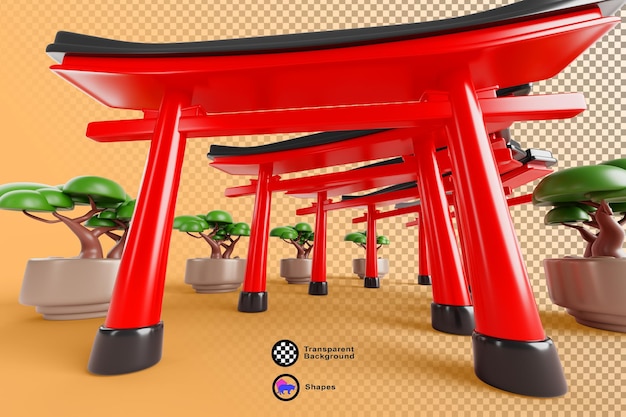Corridor japonais de portes torii rouges avec des bonsais verts sur fond jaune rendu 3D Fushimi Inari Taisha route du temple et du sanctuaire Monument et architecture de Kyoto au Japon