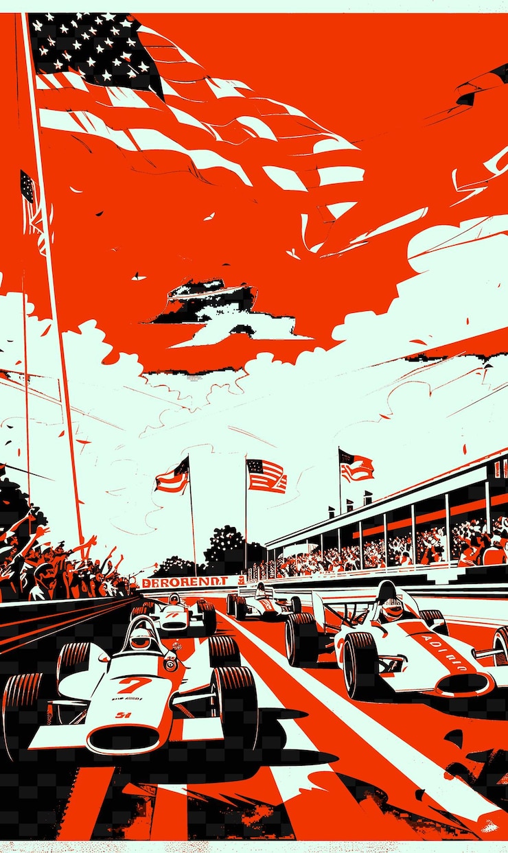 PSD corsa d'auto con la gente che guarda e applaude un grande disegno d'illustrazione creativa americana