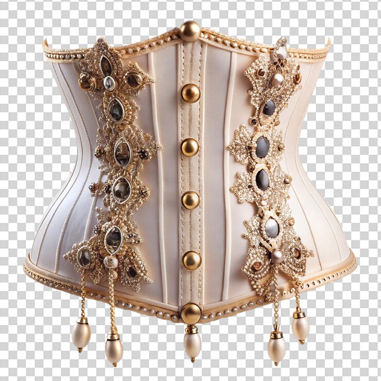 PSD un corsé blanco y dorado con perlas y cadenas de oro en un fondo transparente
