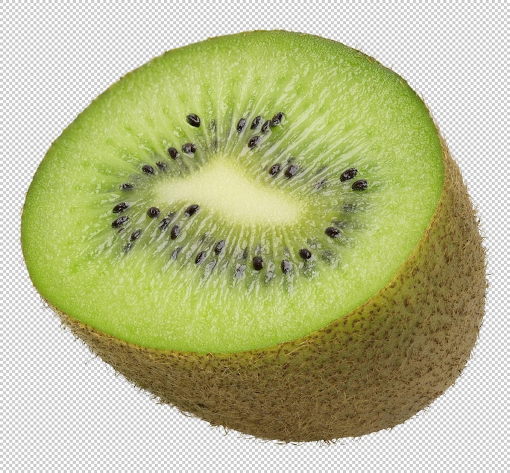 PSD cortada de fruta de kiwi de cerca alimento fresco y saludable color verde aislado