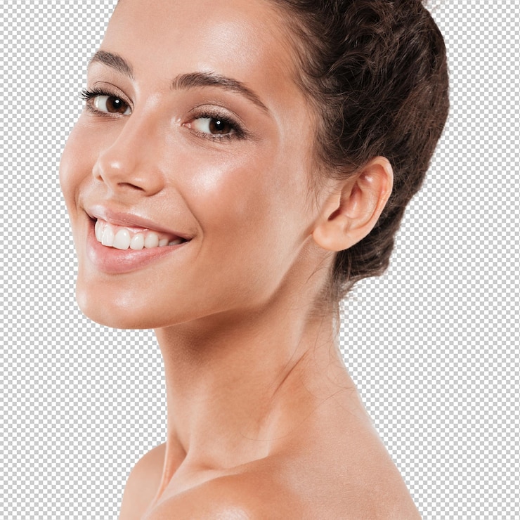 PSD cortada perto retrato de uma mulher bonita sorridente