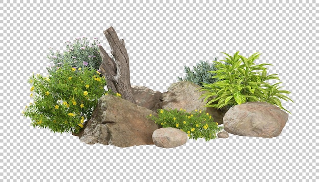 Cortar plantas de jardinagem e layout de design de madeira de rocha natural renderização em 3d