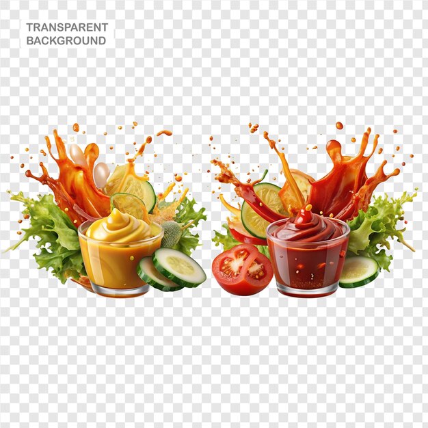 Cortar verduras y salsas explotando aisladas en PNG transparente