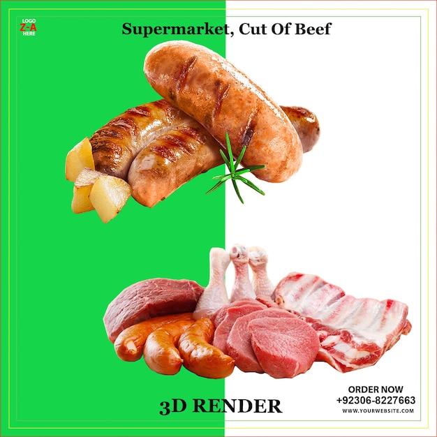 Cortes de carne de vaca do supermercado