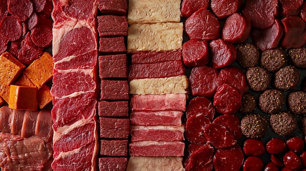 Cortes variadas de carne cruda de varios tipos dispuestas en filas y columnas