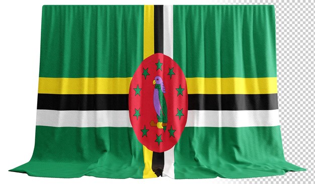 PSD cortina con la bandera dominicana en representación 3d que abraza la naturaleza de dominica