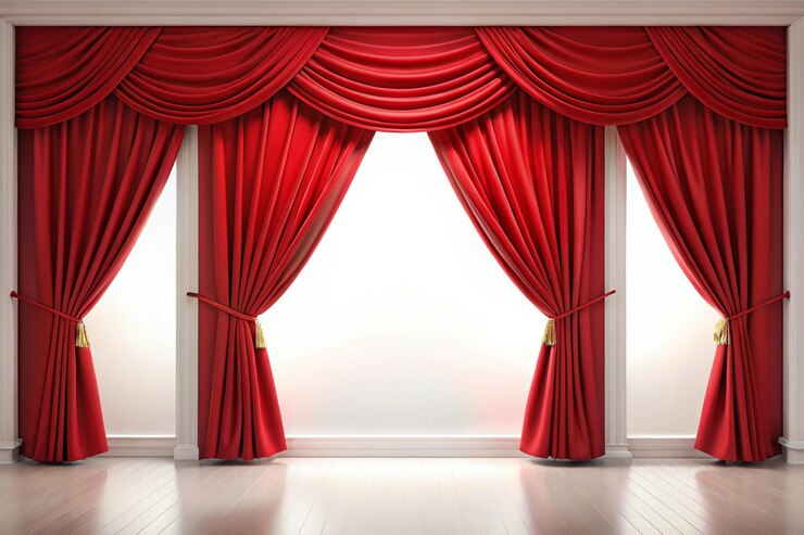 PSD las cortinas rojas abiertas bailan suavemente en la brisa.