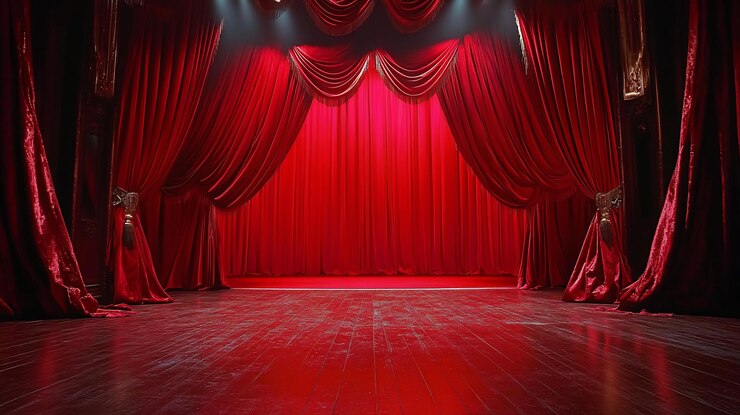 PSD las cortinas de terciopelo rojo del escenario se retiraron para revelar un suelo de madera oscuro bajo una iluminación dramática