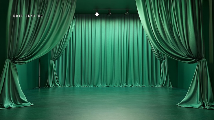 PSD cortinas de terciopelo verde esmeralda en una habitación oscura en un escenario con focos
