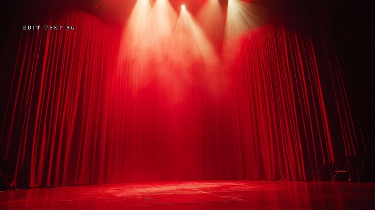 PSD cortinas vermelhas do palco iluminadas por spotlights com fumaça