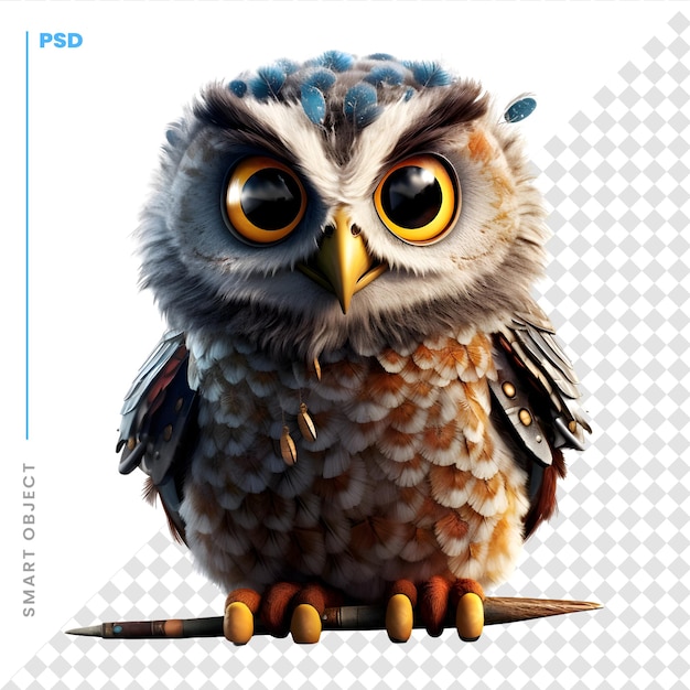 PSD coruja com lápis isolado na renderização em 3d de fundo branco
