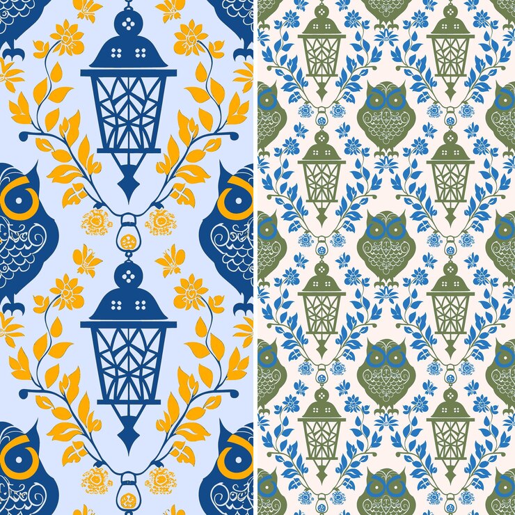 PSD corujas com silhueta de lanterna e design de arte folclórica com desenhos de padrões vetoriais de ilustração de damasco