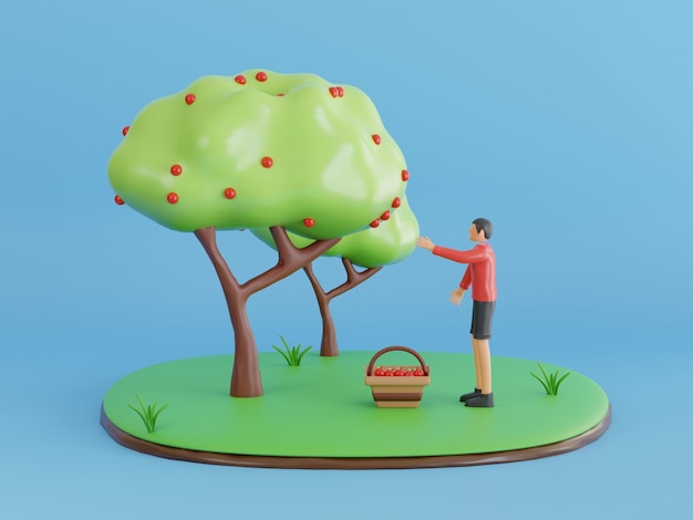 Cosecha de frutas de manzana ilustración 3d gente recogiendo manzanas en el jardín