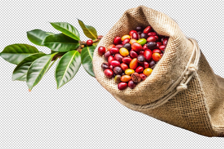 PSD la cosecha de granos de café en saco de yute, frescura