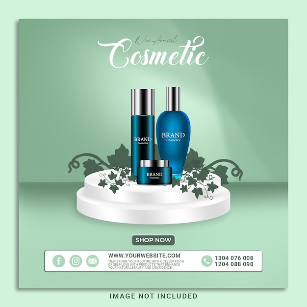 Cosmetic product promotion on a white podium with green leaves
