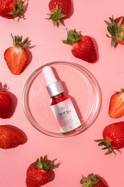 Cosmetici naturali vista dall'alto con fragole