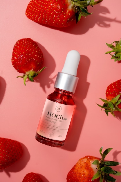 Cosmetici naturali vista dall'alto con fragole