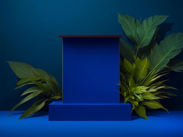 Cosmetici pubblicità stand vuoto mostra podio in legno su sfondo blu scuro con foglie