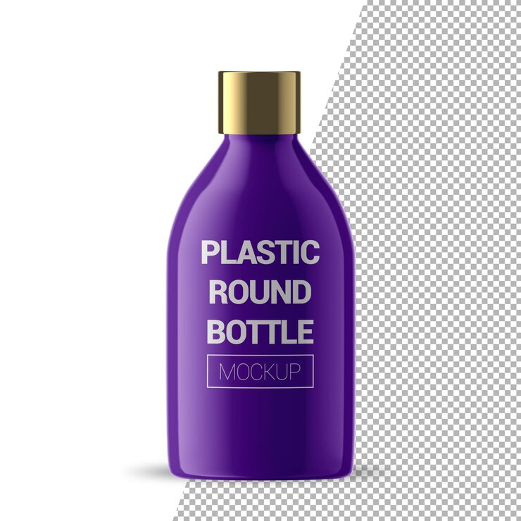 PSD cosmético de botella de plástico redonda con maqueta de tapa completa dorada