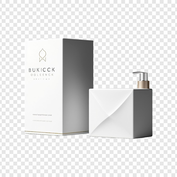 PSD cosmetics dispenser bottle with box mockup on transparent background