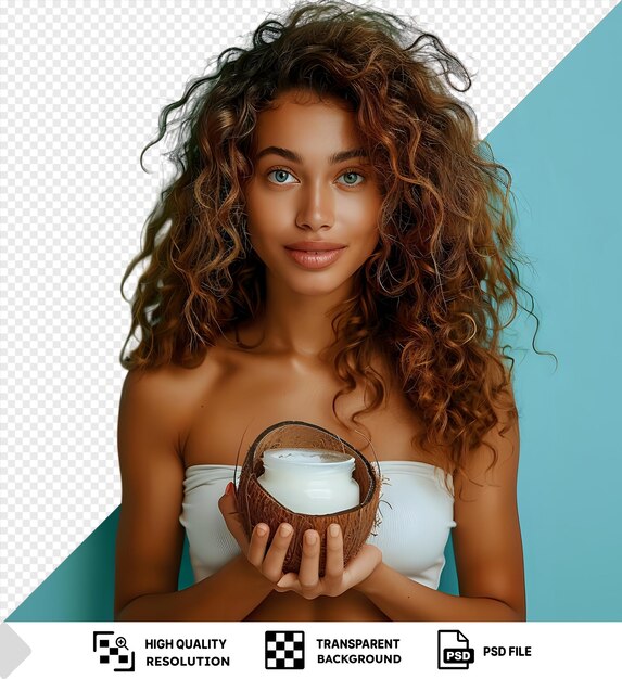 PSD cosmétiques naturels à fond transparent avec une femme tenant une noix de coco png