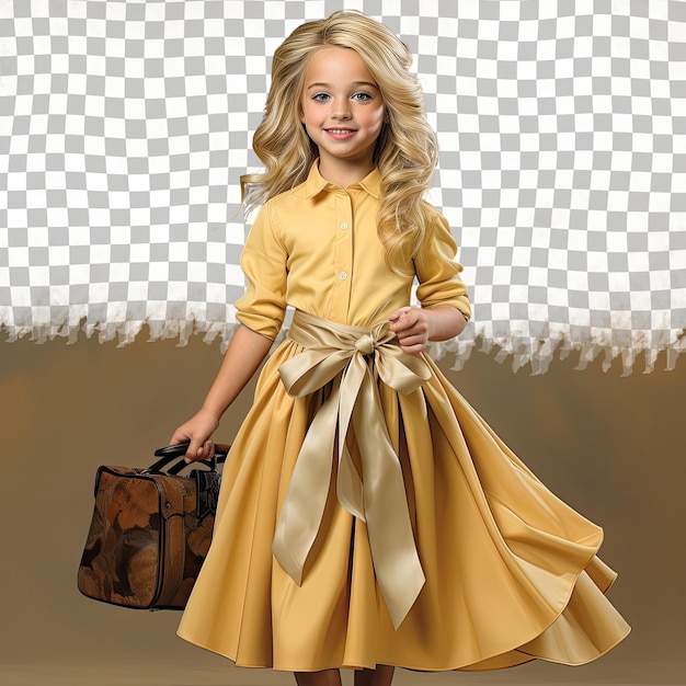 Cosmetologista pré-escolar beleza urálica em vestido fluente posando em amarelo pastel 100 caracteres