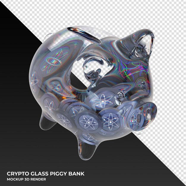 Cosmos atom glass alcancía con crypto monedas ilustración 3d