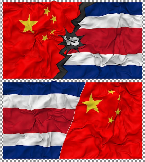 Costa Rica contra China Media bandera combinada con textura 3D de la tela