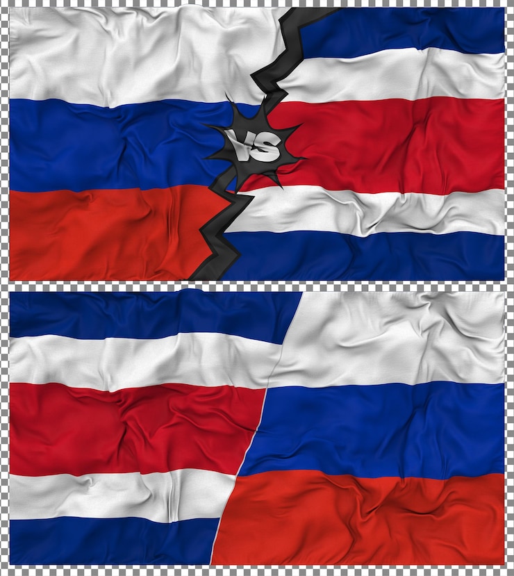 PSD costa rica contra rússia meia bandeira combinada textura de tecido de bump renderização 3d