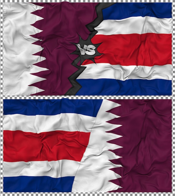 Costa Rica gegen Katar Halbkombinierte Flagge Stoff-Bump-Textur 3D-Rendering