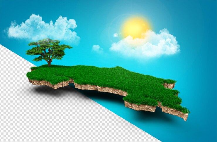 PSD costa rica map realistic 3d map of clouds tree sun rays on bright blue sky 3d illustration