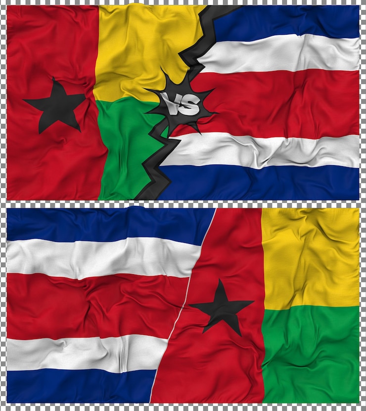 PSD costa rica vs guinea bissau half combined flag cloth bump texture 3d rendering
