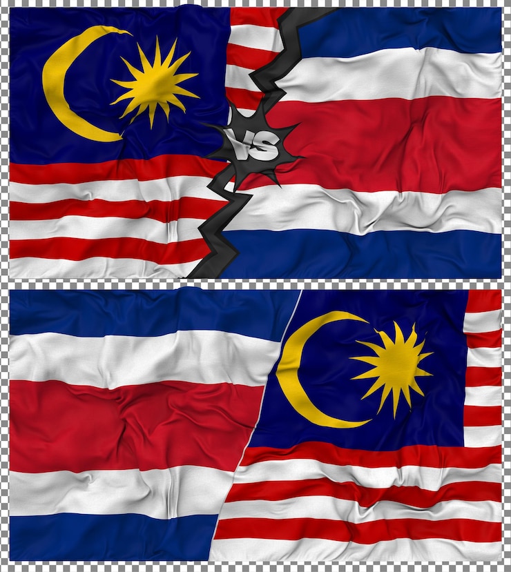 PSD costa rica vs malaysia half combined flag cloth bump texture 3d rendering