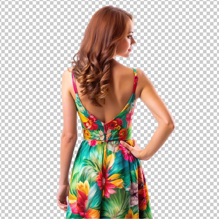 PSD costas de jovem mulher bonita em vestido de verão colorido png