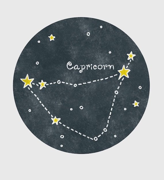 Costellazione del Capricorno disegnata con matite in stile cartone animato infantile su uno sfondo a cerchio di consistenza