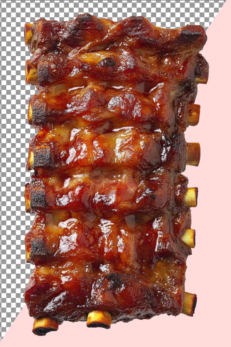 Costillas de cerdo fritas y ahumadas ahumadas y jugosas ideales para barbacoas hiperrealistas blancas aisladas