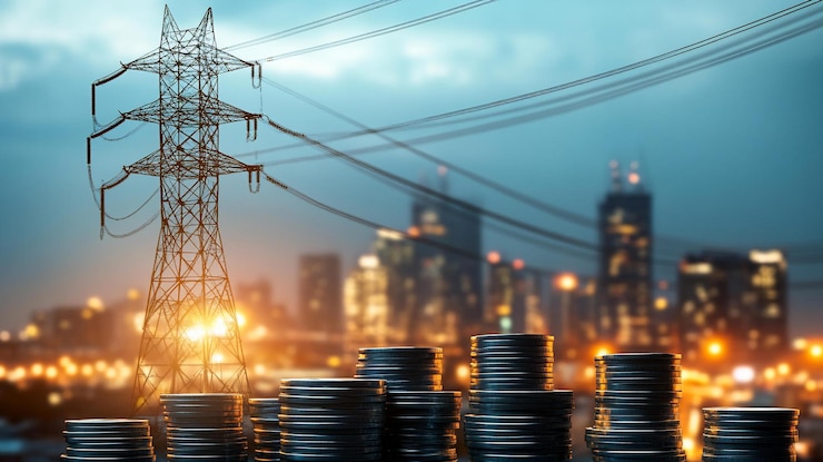 PSD costo de la electricidad en la red eléctrica y en el horizonte de la ciudad por la noche