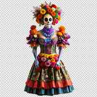 PSD costume de catrina ou crâne de sucre dia de os muertos sur un fond transparent