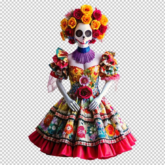 PSD costume de catrina ou crâne de sucre dia de os muertos sur un fond transparent