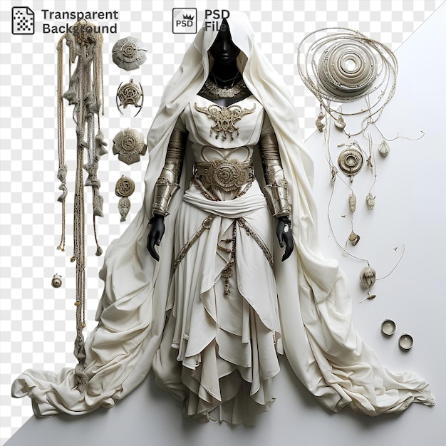 PSD costume de cosplay fantastique et ensemble d'accessoires avec une robe blanche, des gants noirs et un collier d'argent et d'or affiché contre un mur blanc