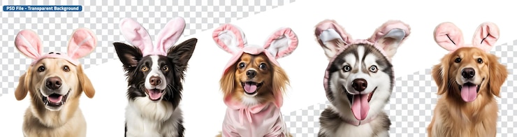 PSD costume di coniglietto con orecchie di coniglio cute pet in easter ready dog set banner.