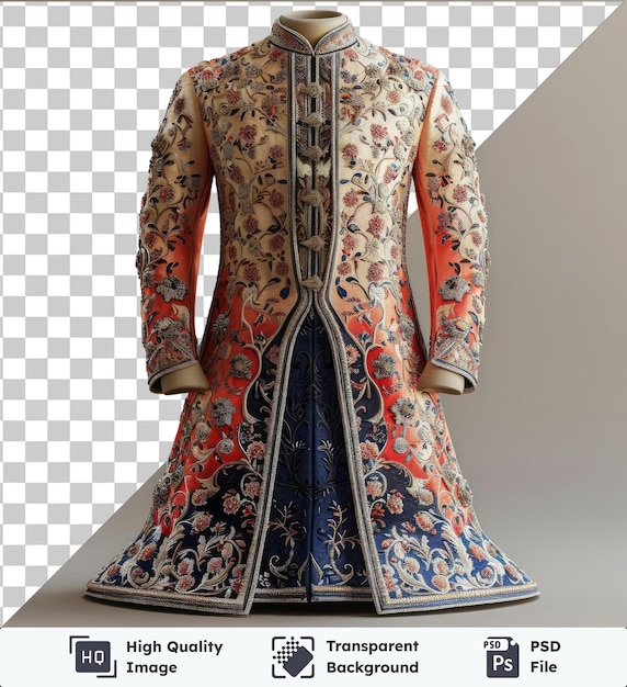 PSD costume traditionnel sherwani de qualité supérieure transparent psd ramadan affiché contre un mur blanc avec un long bras visible au premier plan