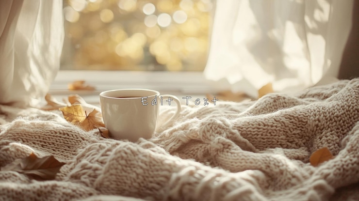 PSD cosy scena autunnale tazza di caffè su coperta a maglia vicino alla finestra con foglie d'autunno