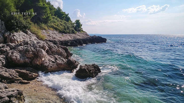 PSD côte rocheuse avec des vagues d'eau turquoise s'écrasant sur le rivage sous un ciel ensoleillé