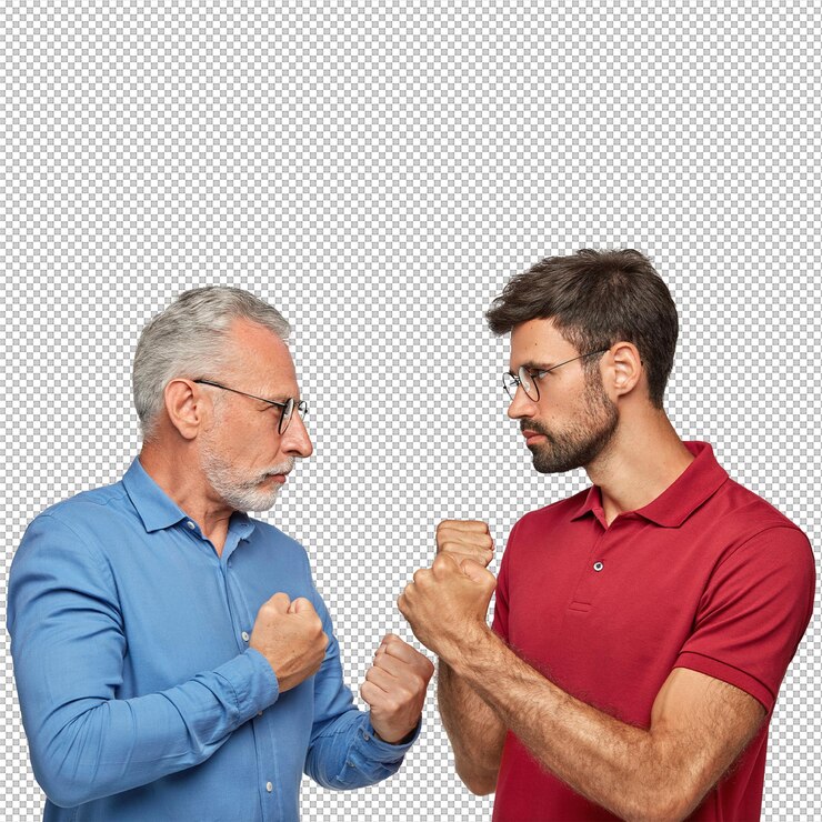 PSD sur les côtés deux hommes concurrents se regardent sérieusement la main serrée dans les poings prêts à se battre ne peuvent pas partager des affaires communes se tiennent contre le mur blanc les gens et la concurrence